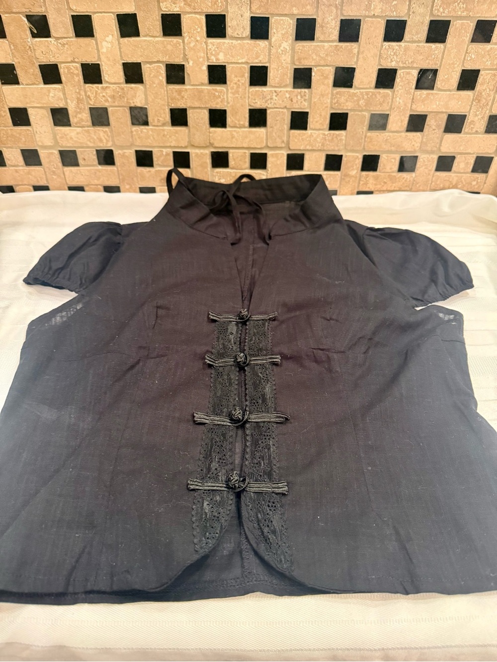 NWOT Black Mandarin Collar Short Sleeve Blouse